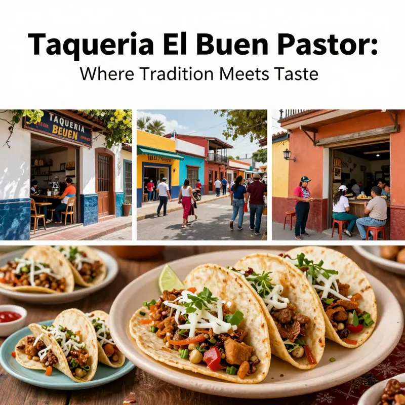 A collage featuring tacos from Taqueria El Buen Pastor, illustrating the lively cultural environment of Mexican street food.