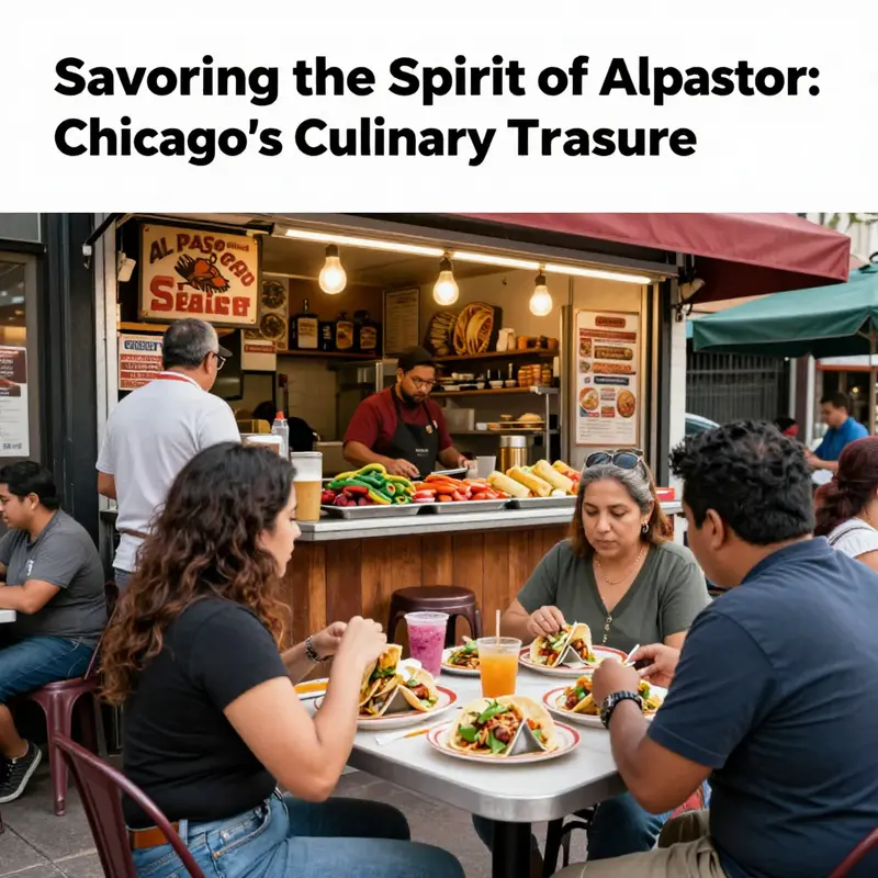 A vibrant al pastor taqueria in Chicago bustling with patrons enjoying flavorful tacos, emphasizing the cultural richness of local cuisine.