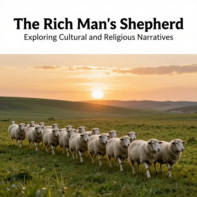 A shepherd in a green pasture guiding sheep against the backdrop of a rising sun.