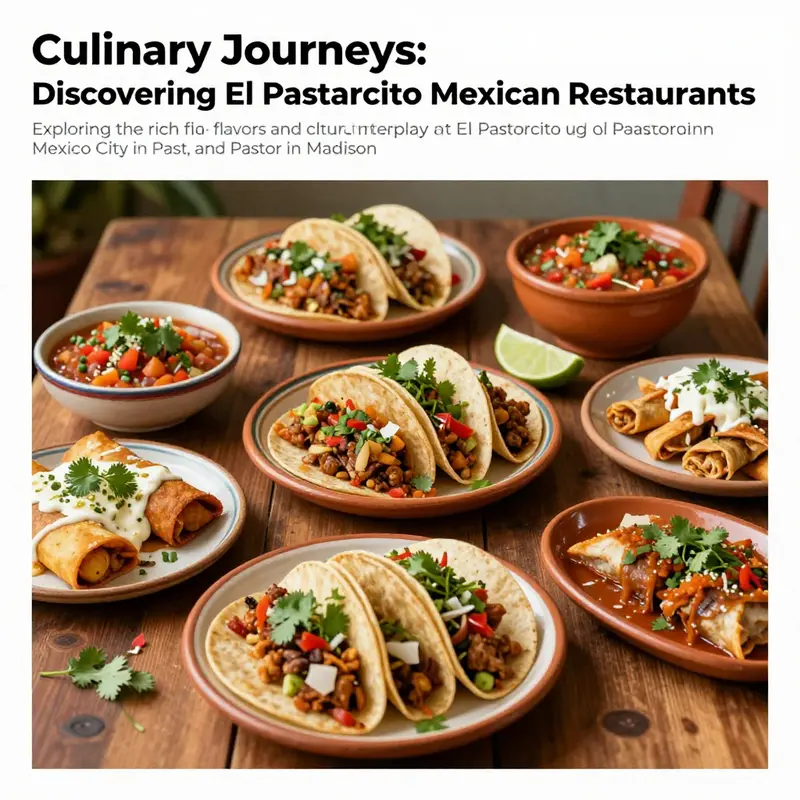 An appealing arrangement of Mexican cuisine featuring tacos, enchiladas, and fresh garnishes on a rustic wooden table.