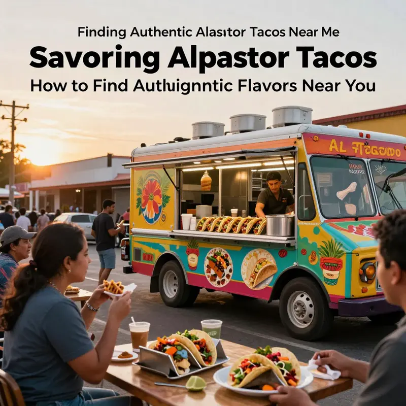 A lively taco food truck scene showcasing Al Pastor tacos being served.