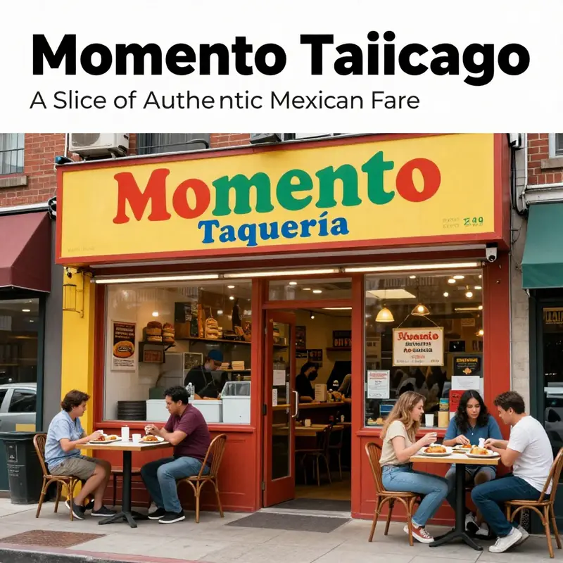 An exterior view of Momento Taquería, showcasing its colorful facade and lively street ambiance.