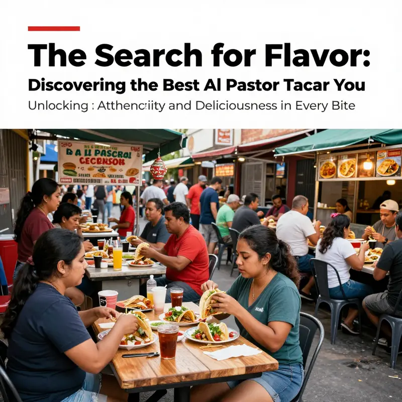 Crowded street with various taco stands serving al pastor tacos, capturing the vibrant dining atmosphere.