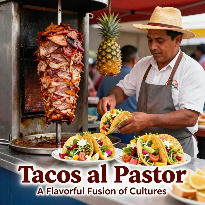 A street vendor showcases the tradition of tacos al pastor, emphasizing its cultural history.