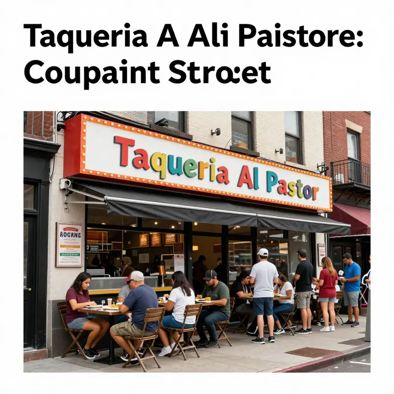 The exterior of Taqueria Al Pastor, featuring colorful signs and outdoor seating filled with happy customers.