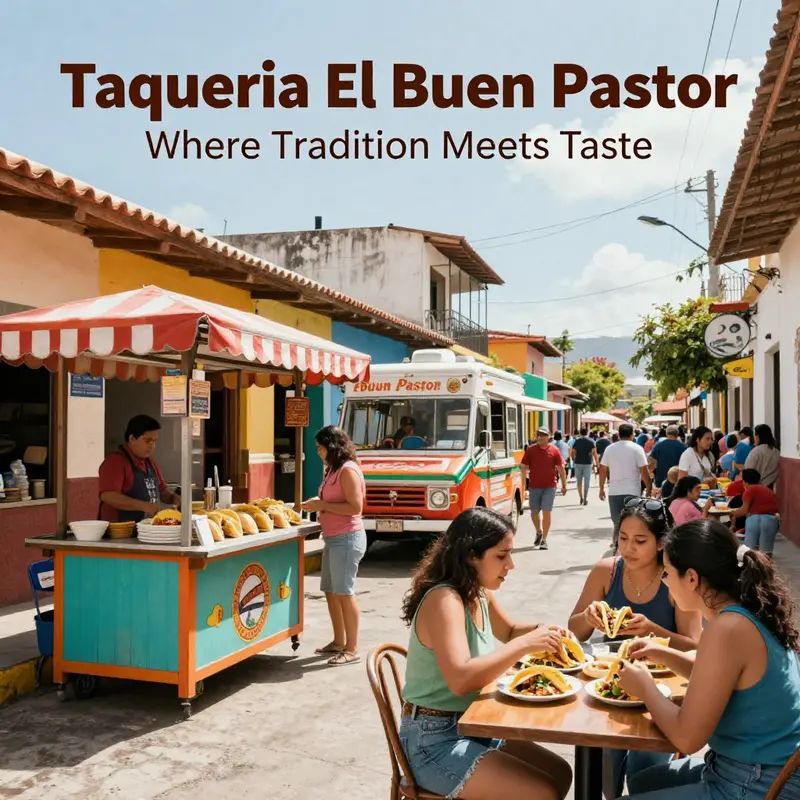 A vibrant street scene at Taqueria El Buen Pastor in Zihuatanejo, a hub for authentic Mexican cuisine.