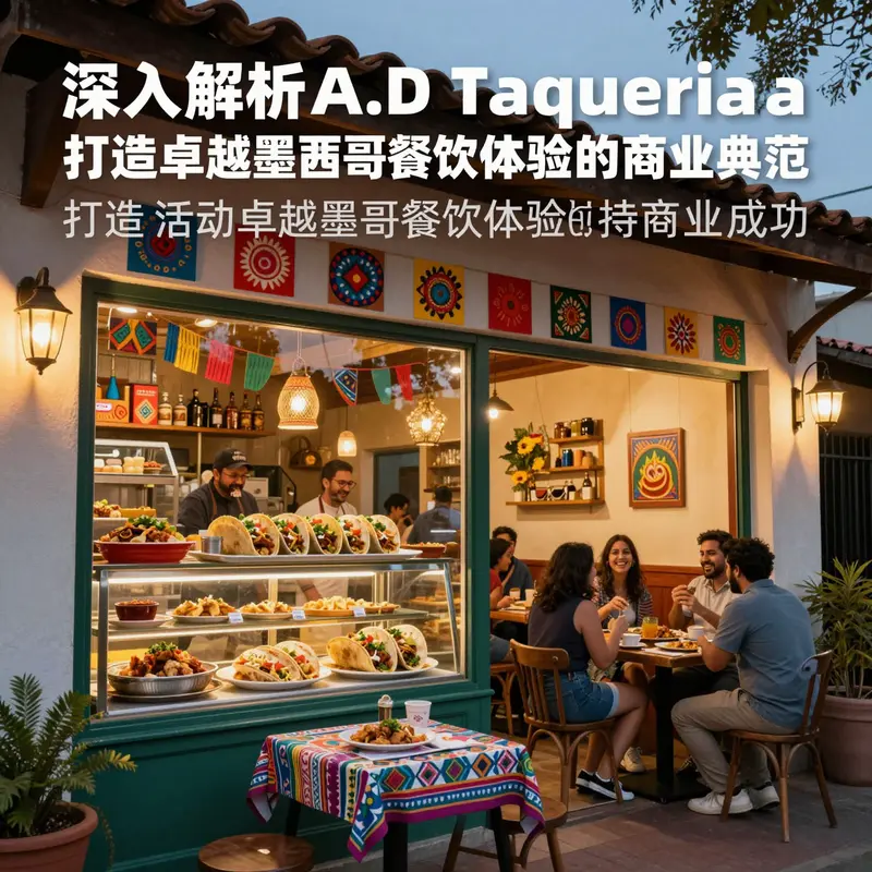 A.D Taqueria餐厅在傍晚时分的外观,装饰富有墨西哥风情,顾客享受热闹而温馨的用餐环境。
