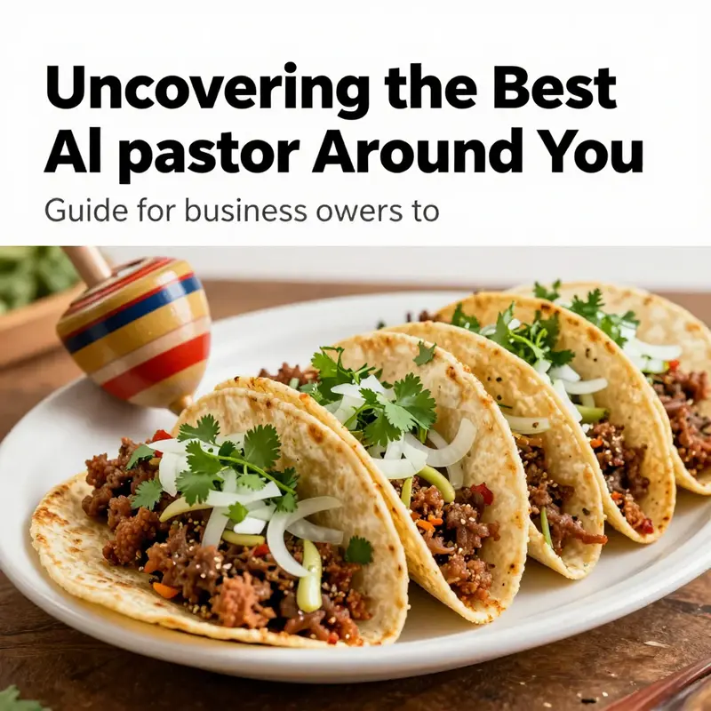 Platter of al pastor tacos garnished with cilantro and onions next to a trompo.