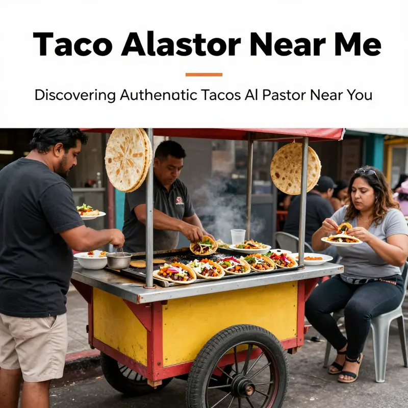 A vibrant taco cart serving authentic Al Pastor tacos in a lively street setting.