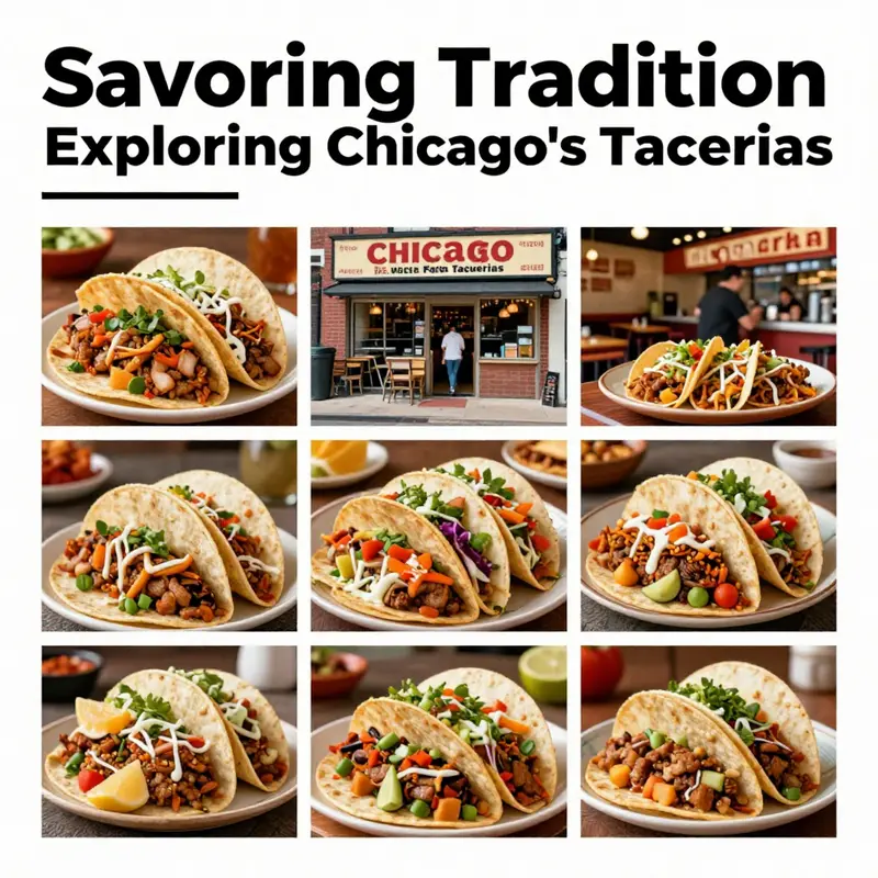Collage of different types of tacos served at various taquerias in Chicago, celebrating the culinary diversity.