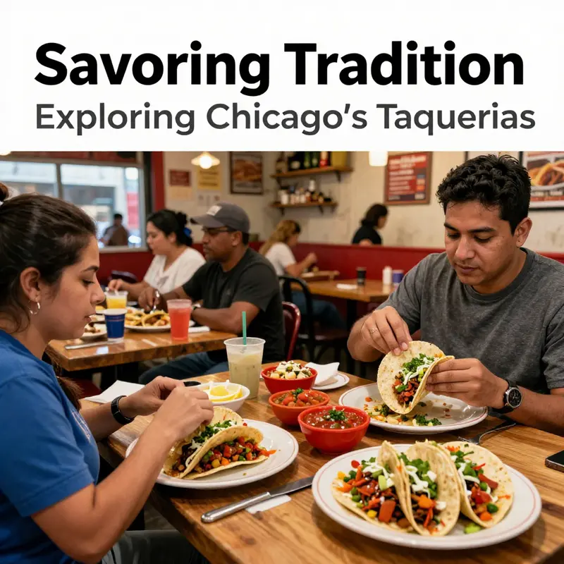Customers enjoying vibrant tacos in a lively Chicago taqueria, illustrating the city’s unique culinary tradition.