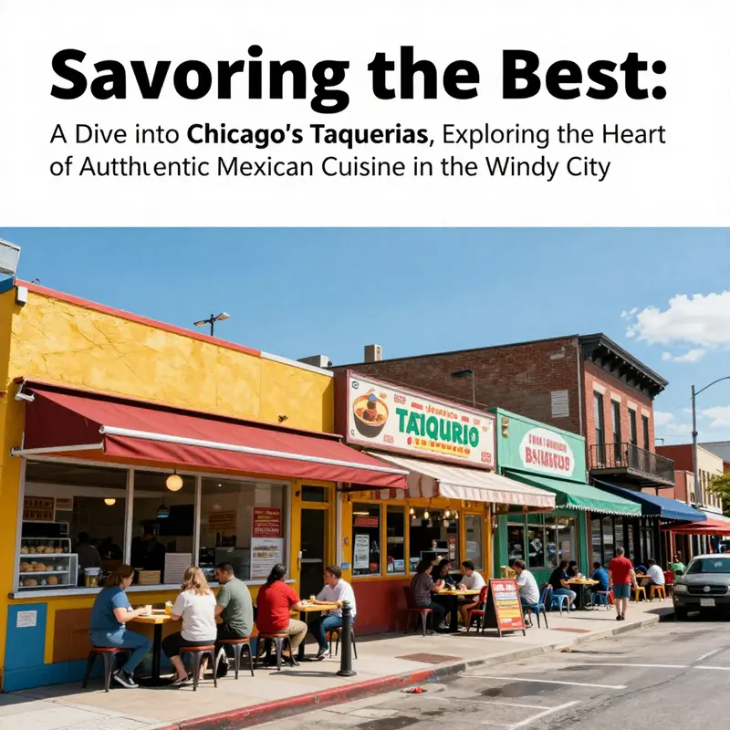 A Chicago street scene with multiple colorful taquerias, reflecting the vibrant atmosphere of Mexican cuisine.