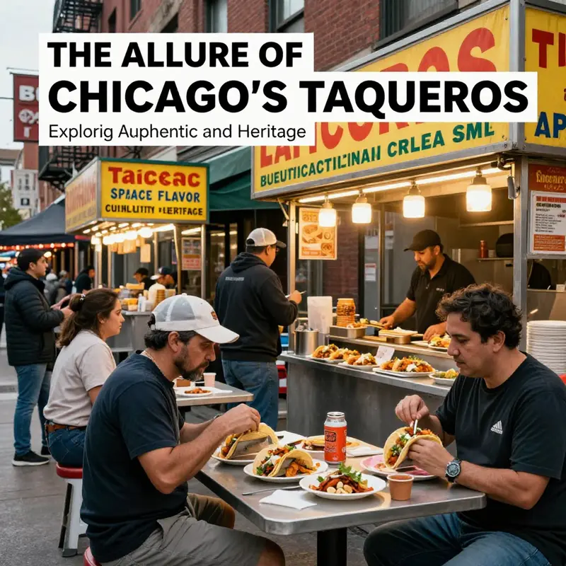 A colorful street scene in Chicago depicting various taqueros with people enjoying tacos.