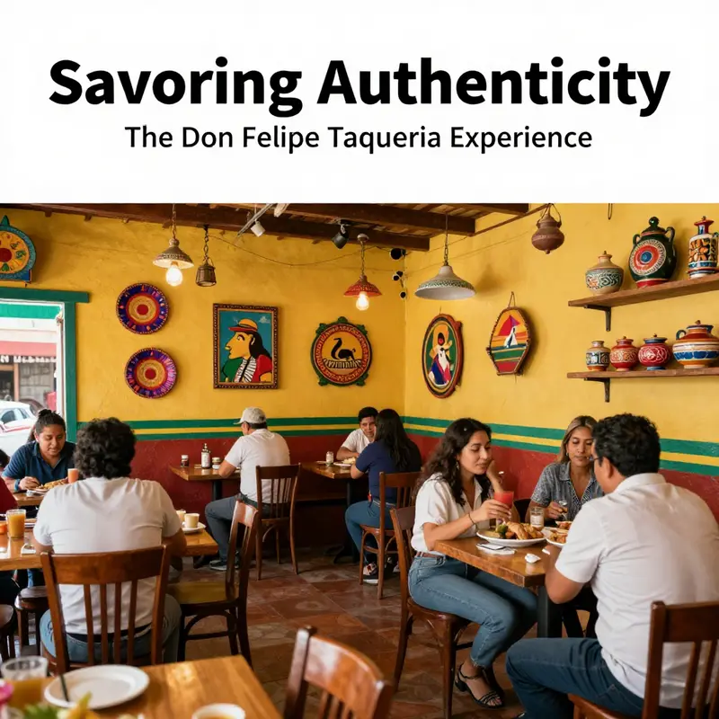 A lively interior of Don Felipe Taqueria filled with happy diners enjoying authentic Mexican dishes in a colorful setting.