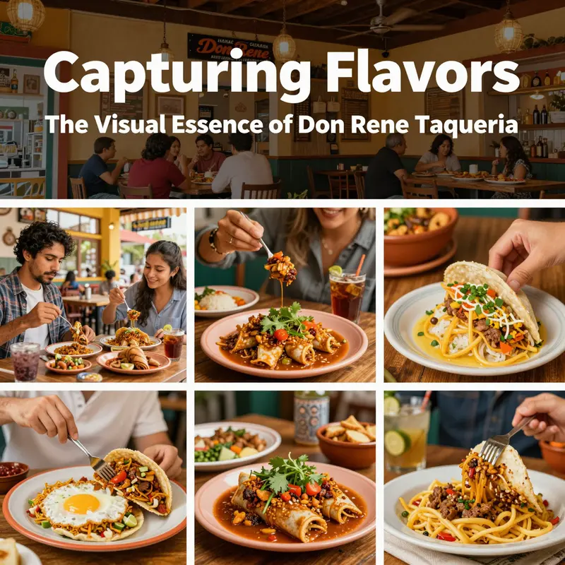 Collage of lively dining experiences, delicious dishes, and the warm atmosphere of Don Rene Taqueria.