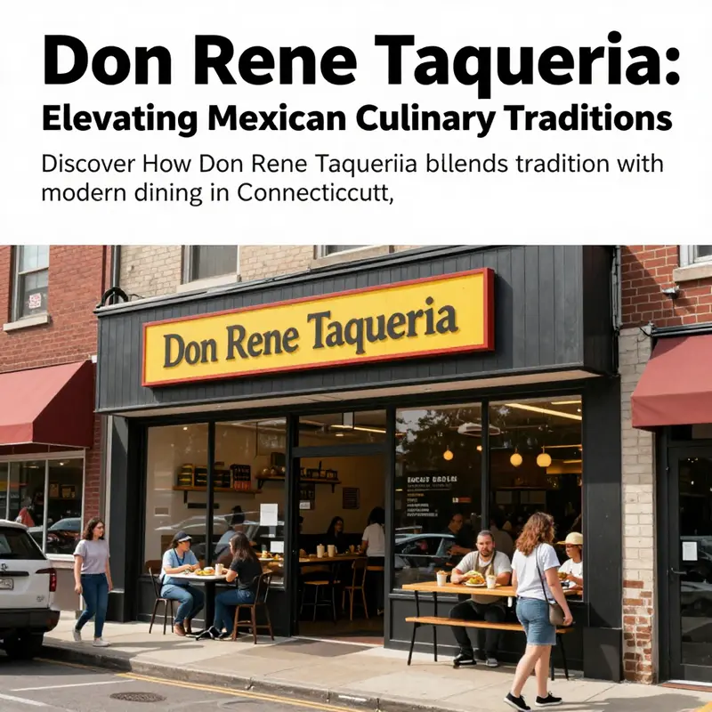 Exterior view of Don Rene Taqueria showcasing its modern architecture and vibrant design in a busy neighborhood setting.