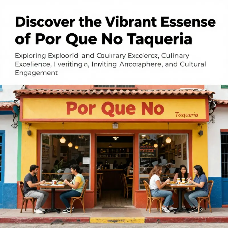 The colorful exterior of Por Que No Taqueria with happy diners entering and leaving the restaurant.