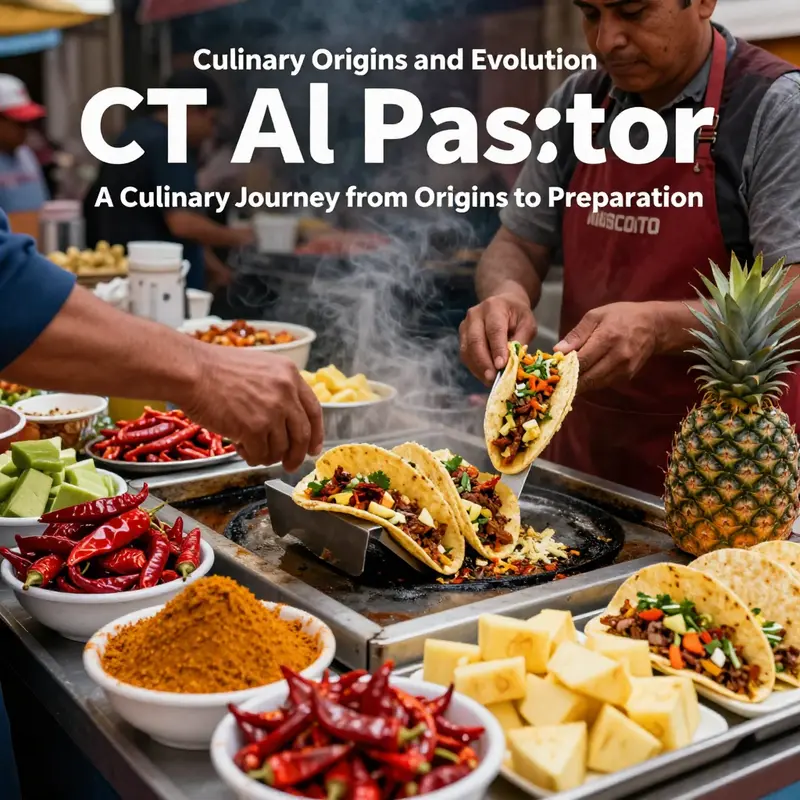Street vendors preparing Al Pastor tacos with traditional trompo at a bustling market.