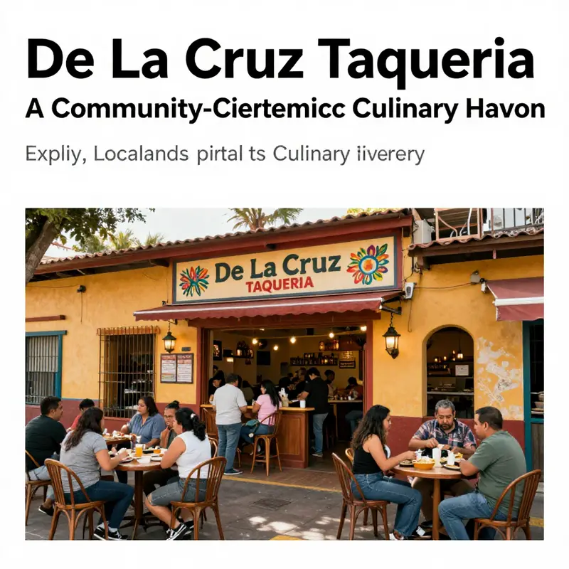 The lively exterior of De La Cruz Taqueria, filled with delighted patrons and Mexican decor.