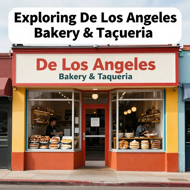 A bright and bustling storefront of De Los Angeles Bakery & Taqueria that reflects the lively atmosphere and cultural essence of the restaurant.