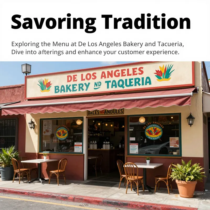 The welcoming facade of De Los Angeles Bakery and Taqueria, showcasing a vibrant and festive environment for patrons.