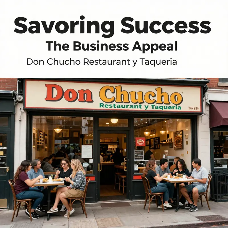 Exterior view of Don Chucho Restaurant showcasing vibrant signage and a bustling atmosphere.