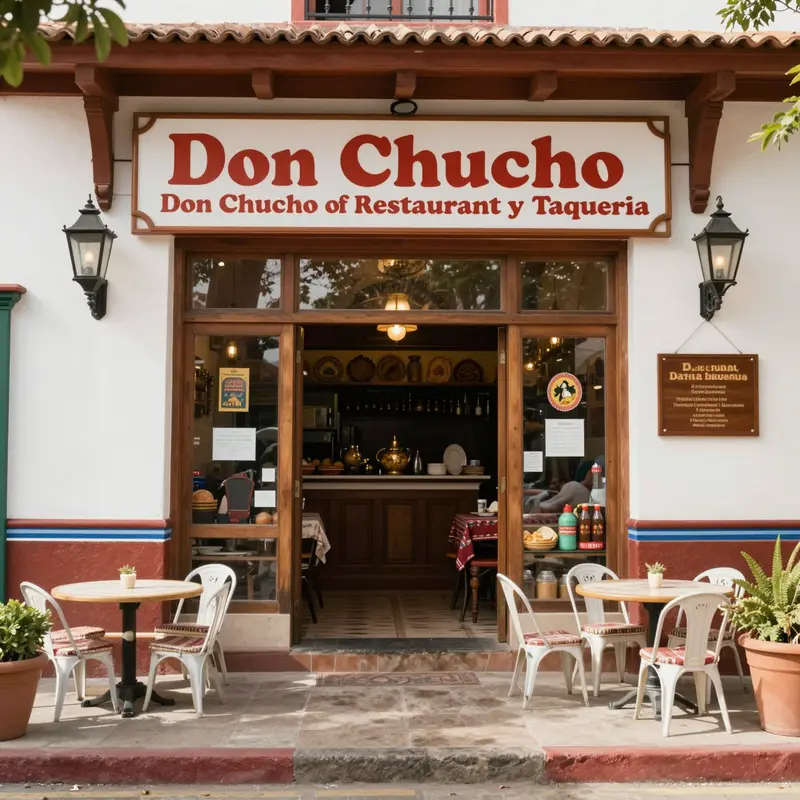 The exterior of Don Chucho Restaurant displaying colorful decorations and inviting signage.