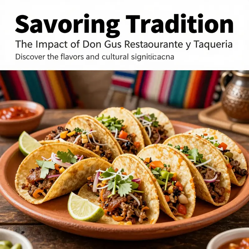 A colorful array of traditional Mexican tacos surrounded by cultural elements reflecting the spirit of Don Gus Tacos.