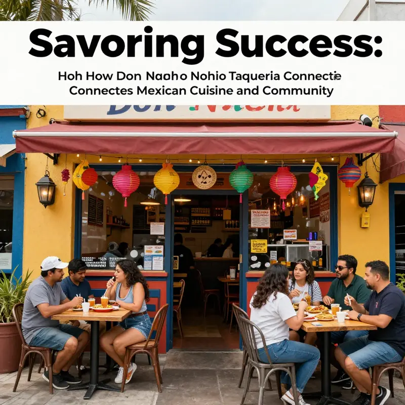 The lively facade of Don Nacho Taqueria filled with happy customers enjoying their meals in a vibrant setting.