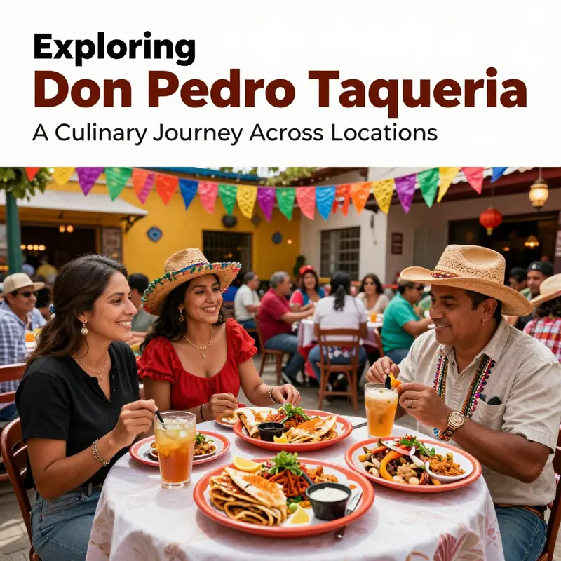 A festive outdoor dining scene at Don Pedro Taqueria with colorful decorations and happy diners enjoying their meals.