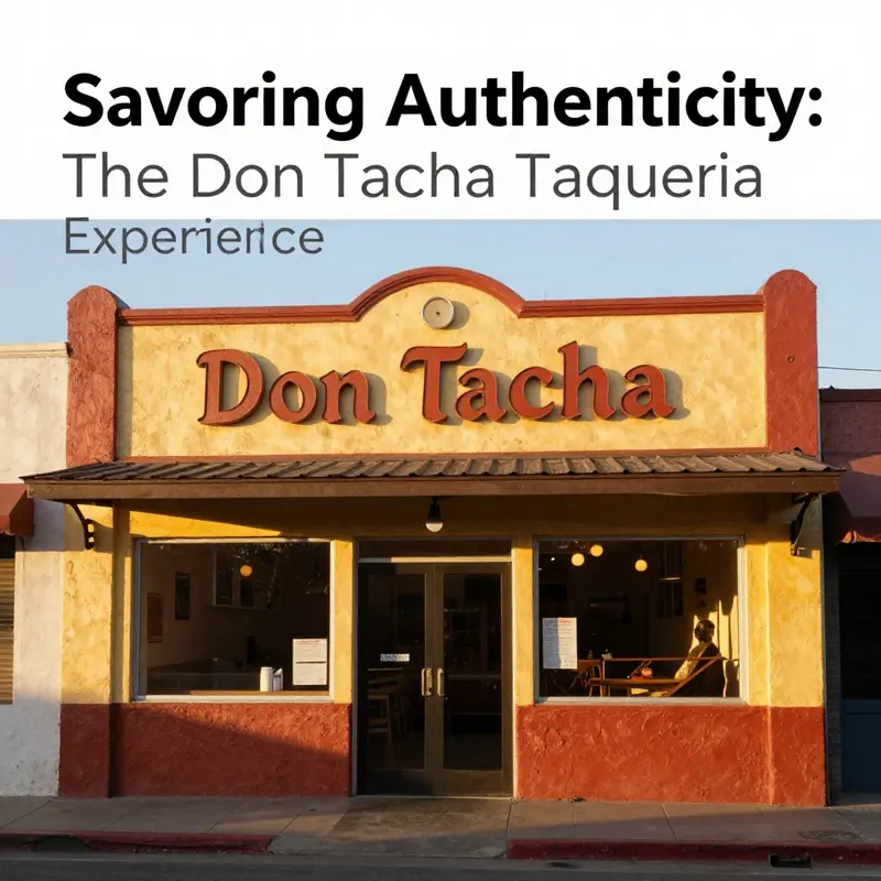 Exterior of Don Tacha Taqueria, vibrant colors glowing in the evening light, creating an inviting atmosphere.