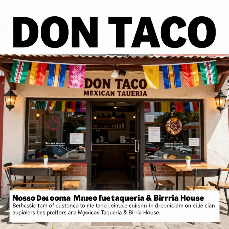 The entrance of Don Taco Mexican Taqueria, decorated festively with banners and colors embodying Mexican culture.