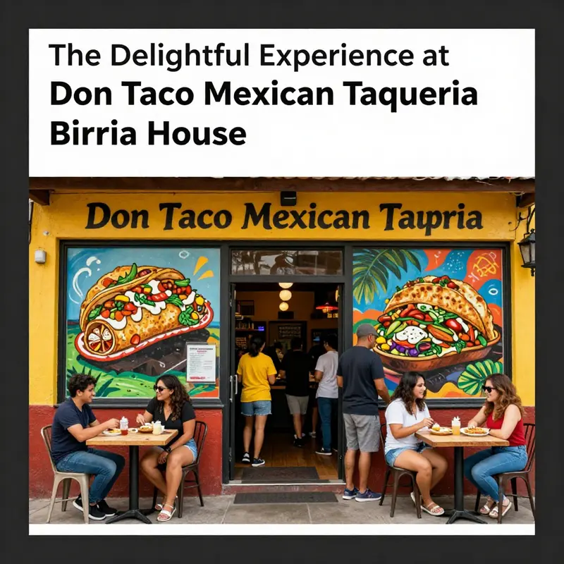 A cheerful and colorful view of Don Taco Mexican Taqueria's outside, filled with patrons and showcasing cultural art.
