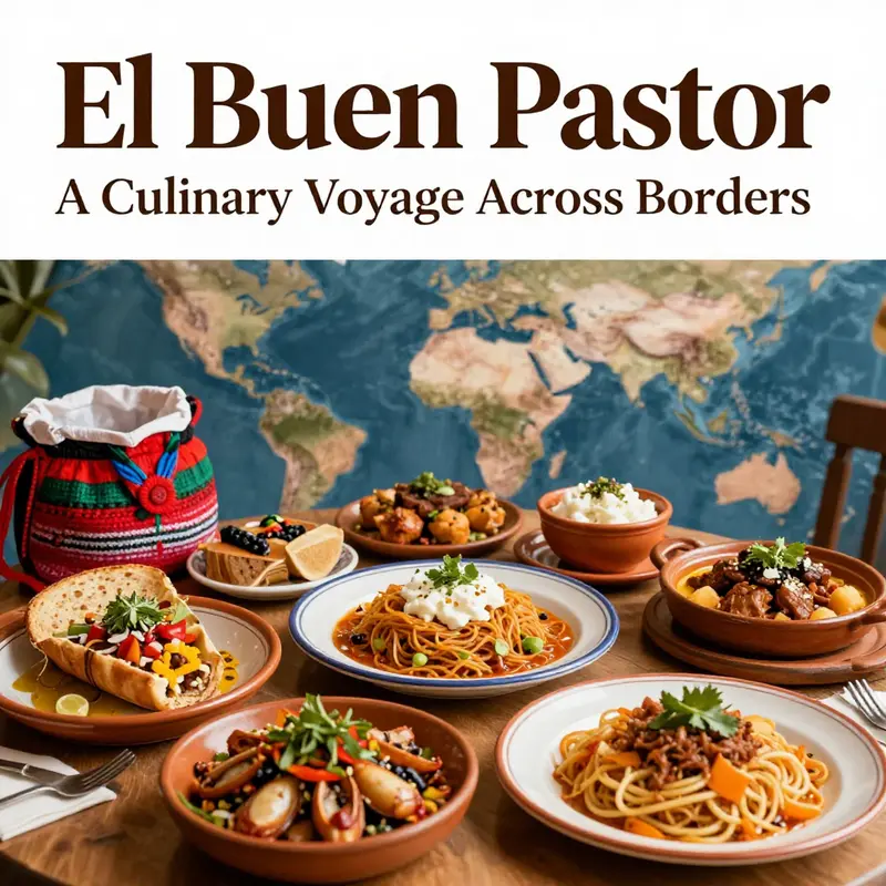 Cover image depicting diverse dishes from El Buen Pastor restaurants worldwide, highlighting cultural richness and culinary exploration.
