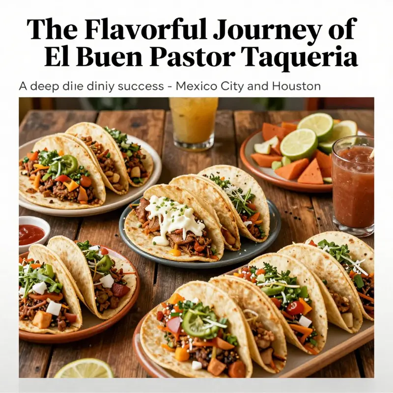 A colorful assortment of tacos from El Buen Pastor Taqueria, with various fillings displayed on a wooden table, emphasizing freshness and flavor.
