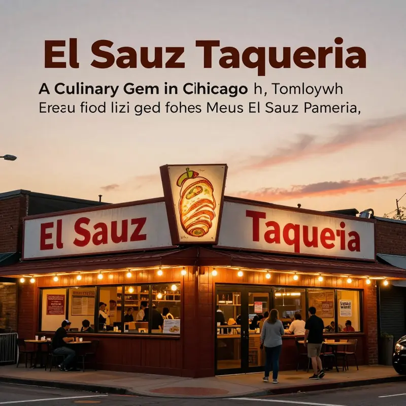 An exterior view of El Sauz Taqueria at twilight, representing the restaurant's warm and welcoming atmosphere.