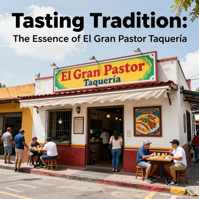Panoramic view of the exterior of El Gran Pastor Taquería, showcasing its vibrant sign and lively street scene.