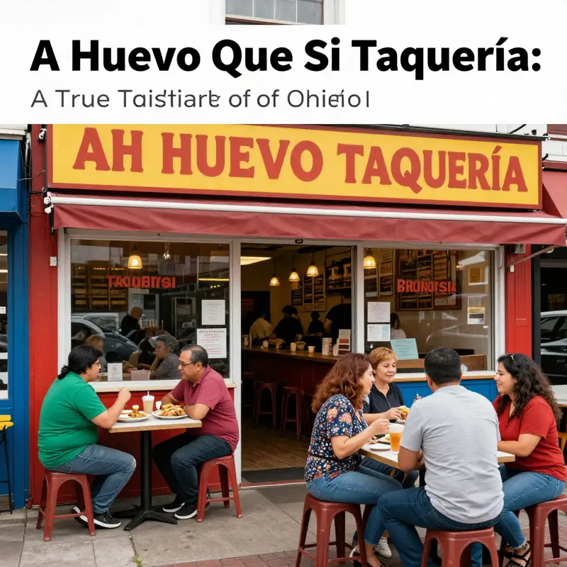 An exterior view of AH HUEVO QUE SI Taquería in Portland, displaying a lively restaurant environment and vibrant colors.