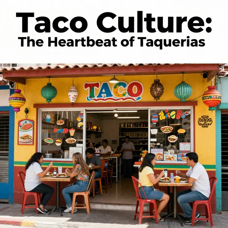 A colorful exterior of a taqueria with decorations and people entering, showcasing the welcoming atmosphere.