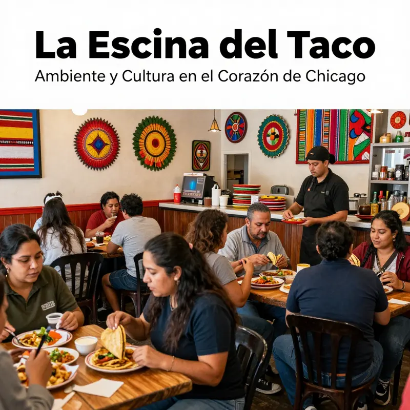 A bustling view outside La Esquina del Taco, where authentic Mexican street food comes to life.