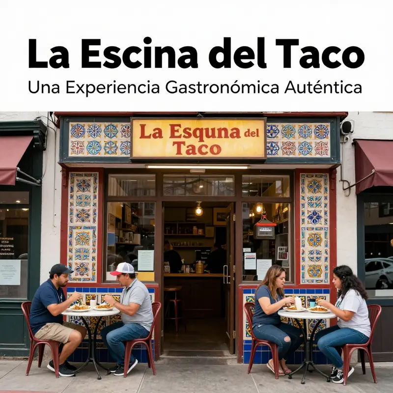 A bustling view outside La Esquina del Taco, where authentic Mexican street food comes to life.