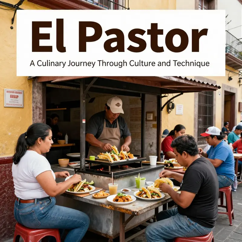 A bustling taqueria in Mexico City serving authentically prepared Tacos El Pastor.