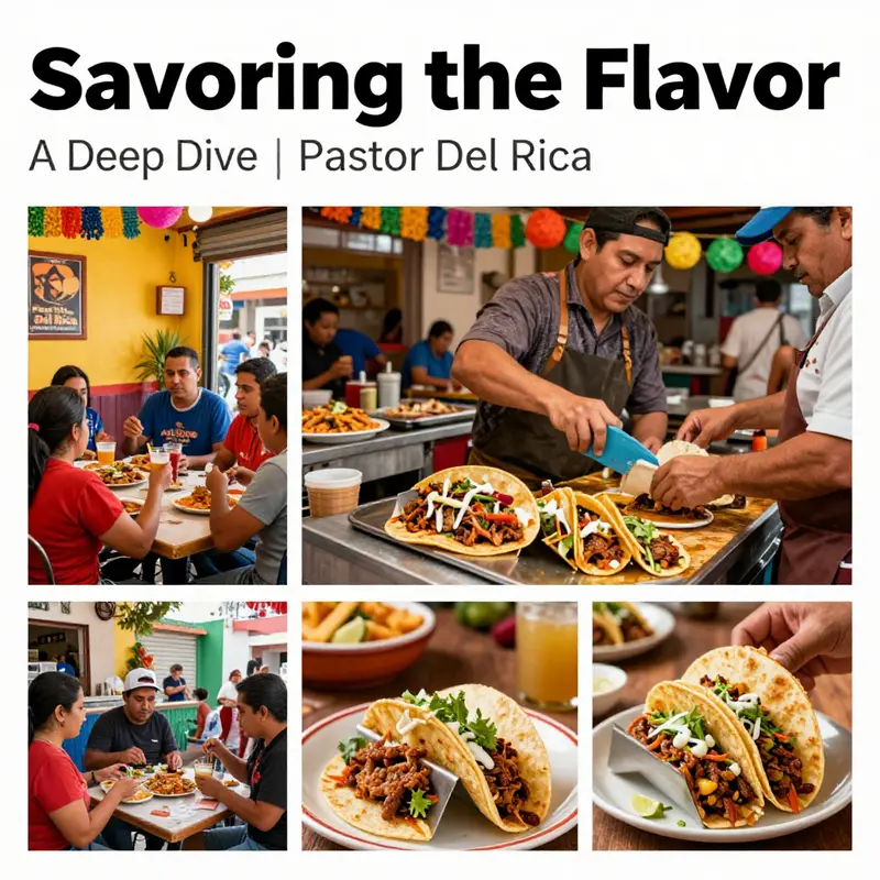A collage showing vibrant dining atmosphere at Pastor Del Rica with patrons enjoying Al Pastor tacos.