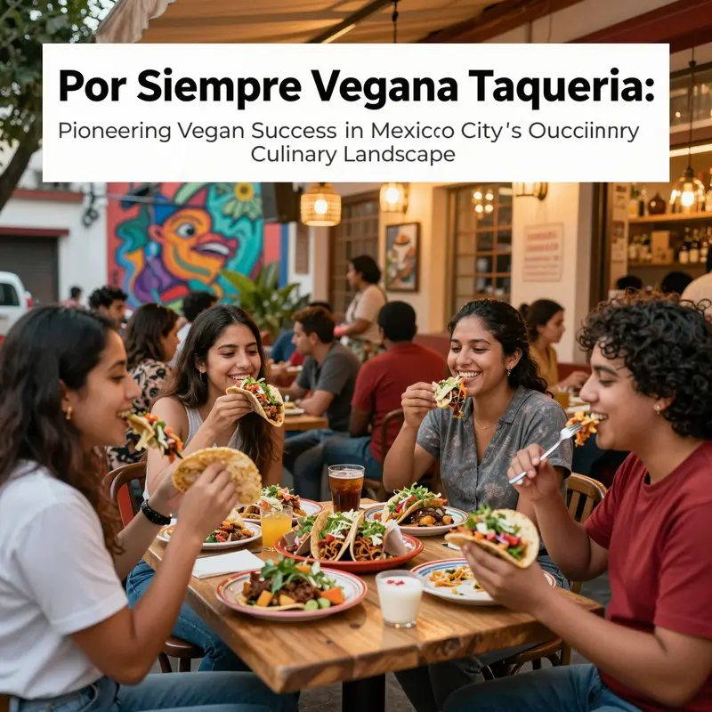 Photo-realistic image of Por Siempre Vegana Taqueria’s lively restaurant scene with customers enjoying vegan tacos in Mexico City.
