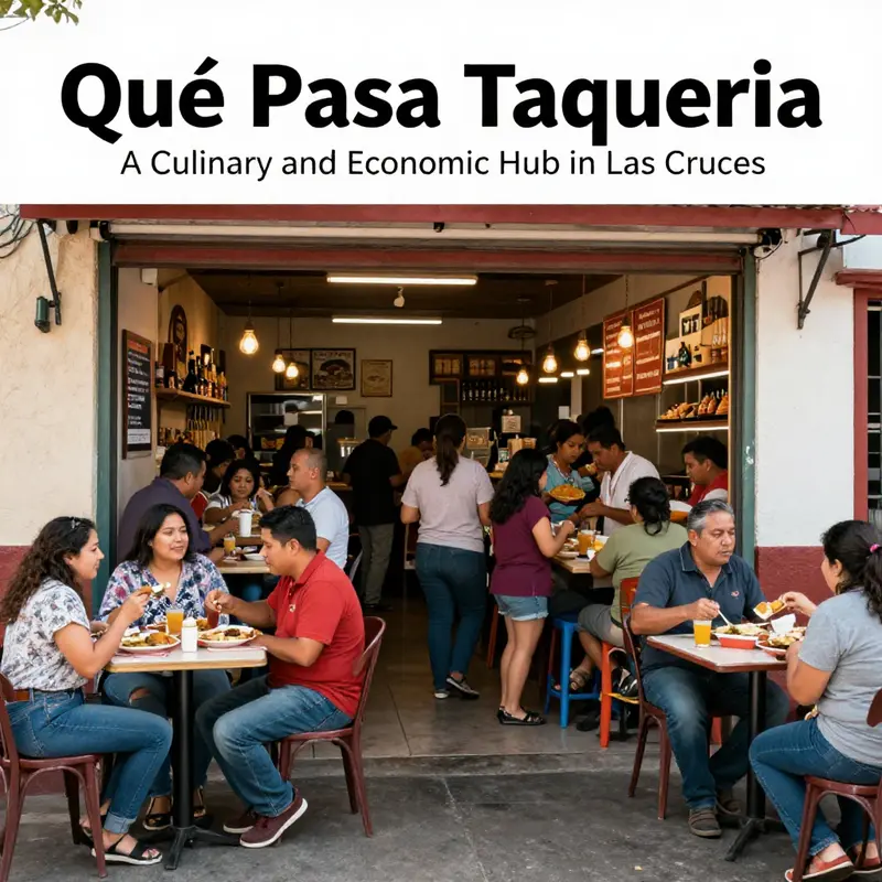 Entrance of Qué Pasa Taqueria with crowds enjoying their meals, representing the cultural and economic significance of the restaurant.