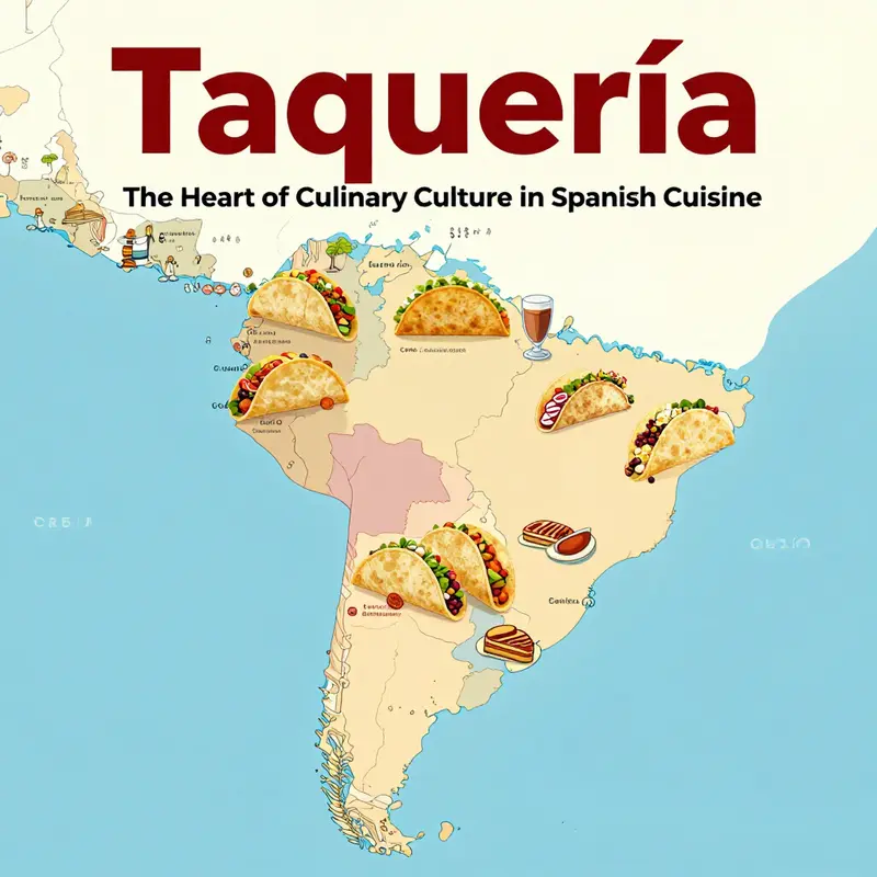 A vibrant taquería showcasing the diverse offerings of tacos in a lively atmosphere.