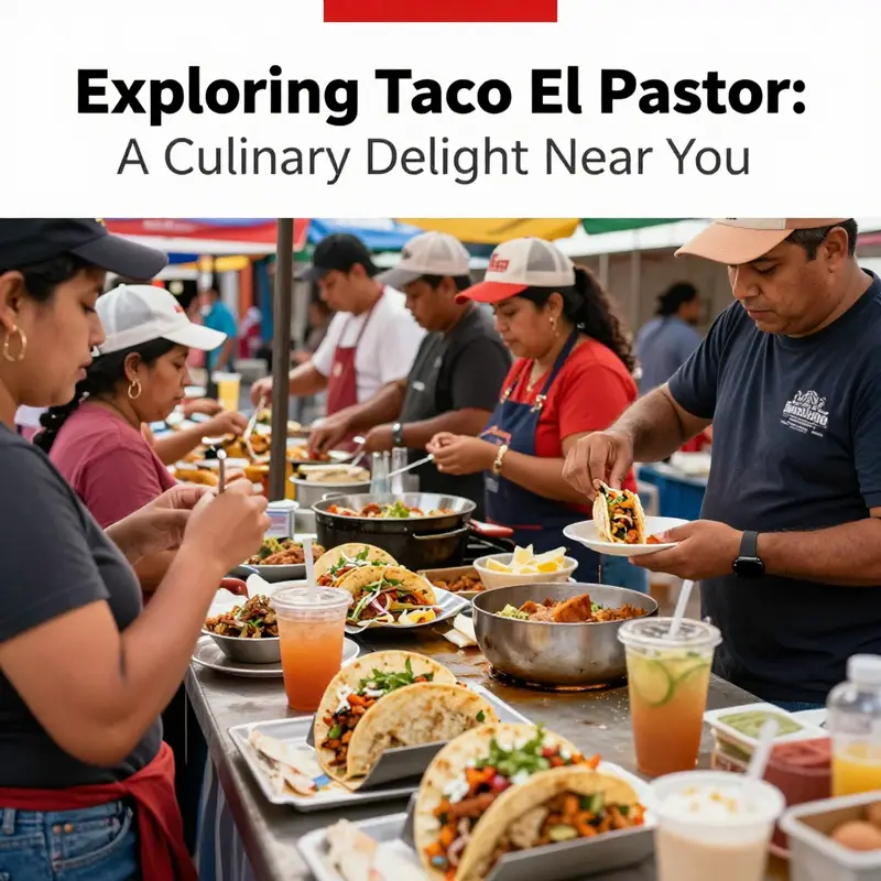 A bustling street food market displaying various tacos, emphasizing the rich culture of Taco El Pastor.