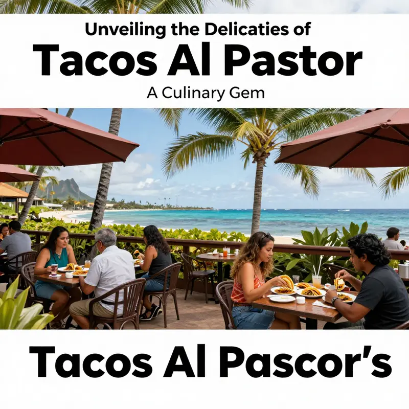 Diners enjoying meals at Tacos Al Pastor's outdoor seating area, set against a tropical backdrop.