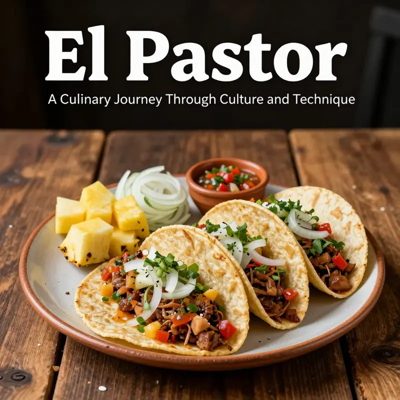 Beautifully arranged Tacos El Pastor on a wooden table, adorned with fresh garnishes and sauces.