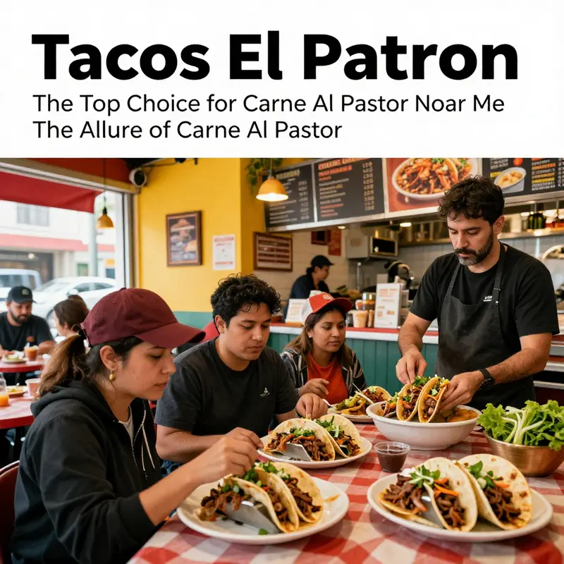 The lively atmosphere of Tacos El Patron, famous for its authentic carne al pastor.